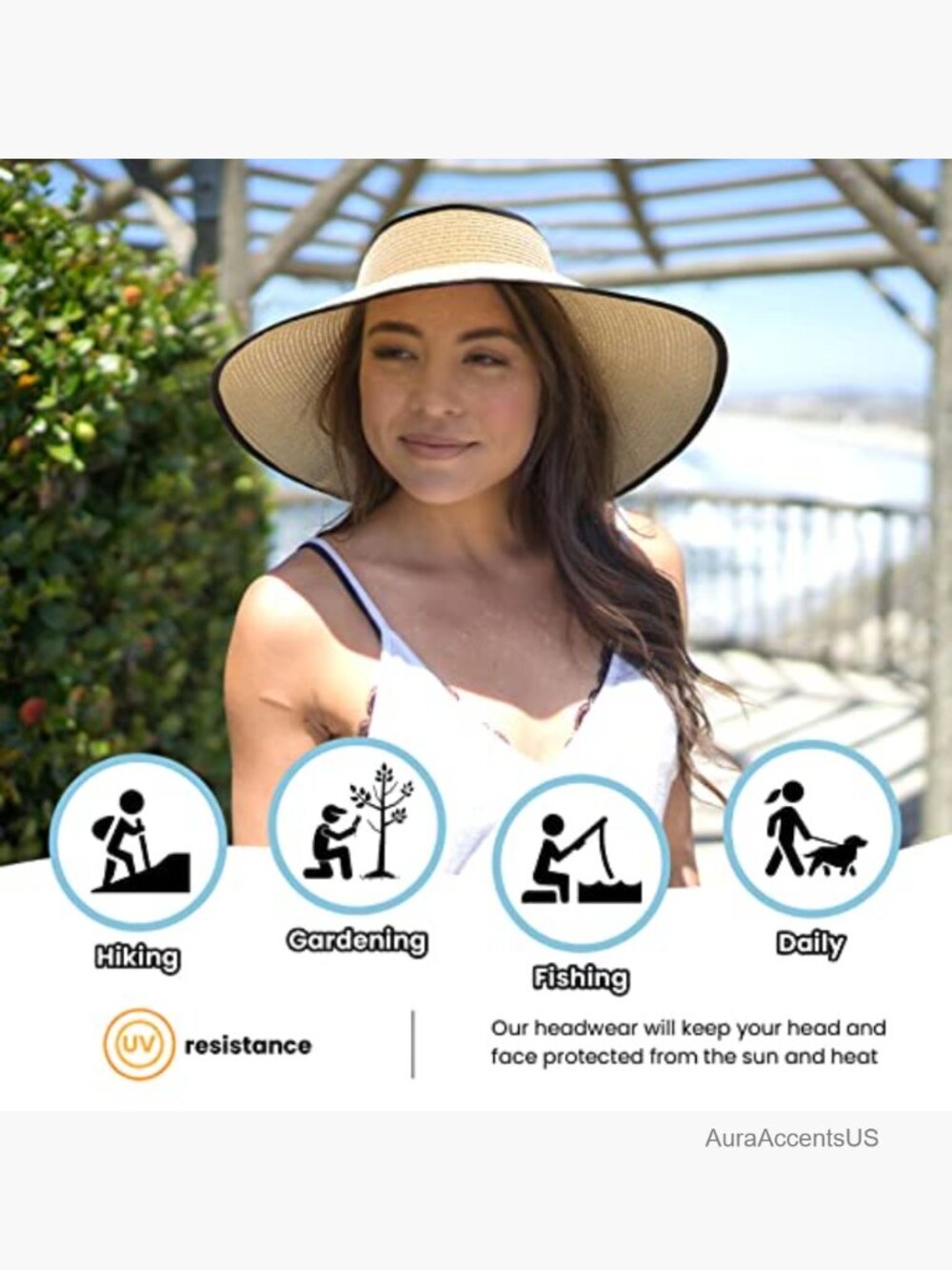 Wide Brim Straw Sun Visor Hat UPF 50+ Roll-up Packable - Picture 2 of 7